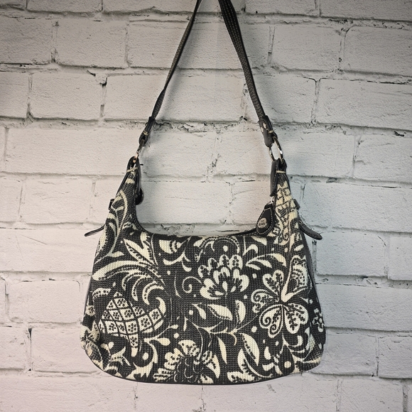 THE SAK SATCHEL SHOULDER BAG FLORAL KNIT PRINT POCKETS BLACK AND CREAM PRINT - Picture 1 of 12